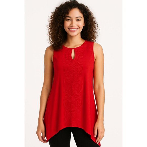 Adrianna Papell Red Sleeveless Tunic Embroidered Front Handkerchief Hem Upscale - Picture 1 of 11
